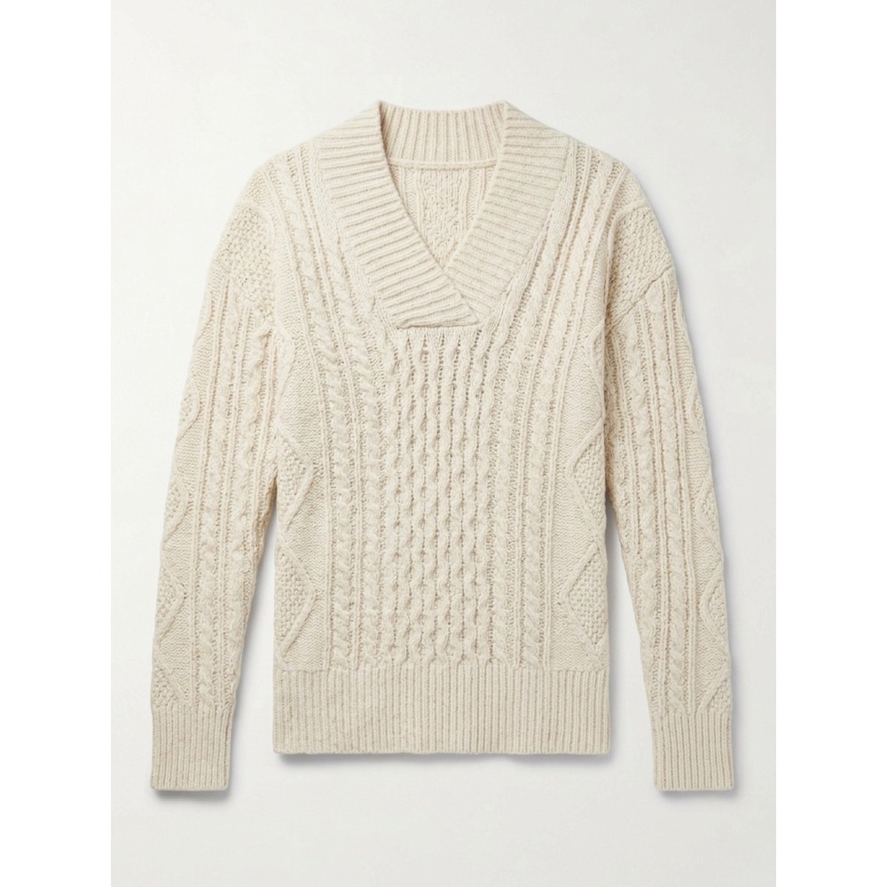 John + Jenn Oatmeal Cable Knit Wide Collar V-Neck Sweater Cream Fisherman